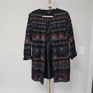 Silk Land Embroidered Long Open Front Black Duster Jacket Women's Size L